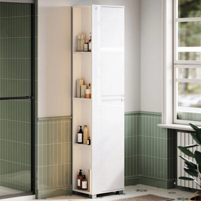 White High Gloss Slim Tower Unit Tall Bathroom Storage Cabinet With Led Light - image 1