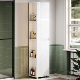 White High Gloss Slim Tower Unit Tall Bathroom Storage Cabinet With Led Light - thumbnail 1