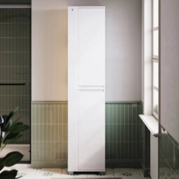 White High Gloss Slim Tower Unit Tall Bathroom Storage Cabinet With Led Light - thumbnail 3