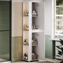 White High Gloss Slim Tower Unit Tall Bathroom Storage Cabinet With Led Light - thumbnail 5
