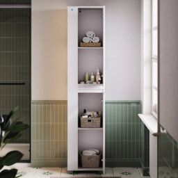 White High Gloss Slim Tower Unit Tall Bathroom Storage Cabinet With Led Light - thumbnail 4
