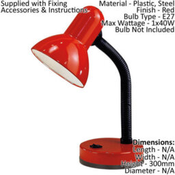 Flexible Red Steel Table Lamp With E27 Bulb Socket And Rocker Switch - thumbnail 2