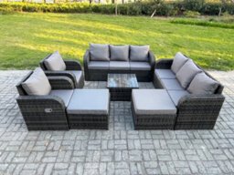 Fimous 10 Seater Outdoor Rattan Garden Furniture Set Conservatory Patio Sofa Coffee Table With 2 Big Footstool Dark Grey Mixed - thumbnail 2