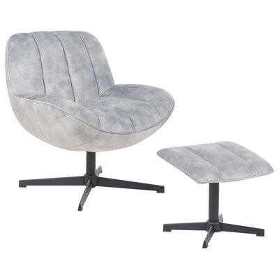 Beliani Swivel Armchair Lia With Footstool Velvet Light Grey - image 1