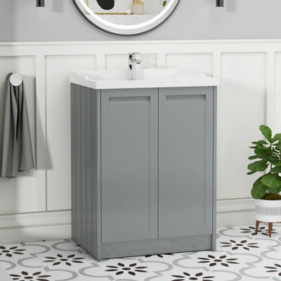 Royal Bathrooms Elmore 600mm Floor Standing 2 Door Bathroom Vanity Unit With Traditional Ceramic Basin Sink - Matt Pebble Grey - image 1
