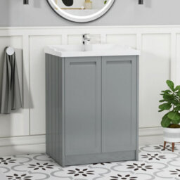 Royal Bathrooms Elmore 600mm Floor Standing 2 Door Bathroom Vanity Unit With Traditional Ceramic Basin Sink - Matt Pebble Grey - thumbnail 1