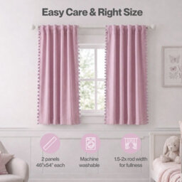 Marlow Pink Fabric Pom Pom Curtains 2 Panel Set 46X54 Inch Nursery Room - thumbnail 9