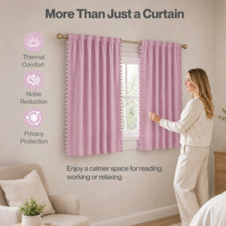 Marlow Pink Fabric Pom Pom Curtains 2 Panel Set 46X54 Inch Nursery Room - thumbnail 8