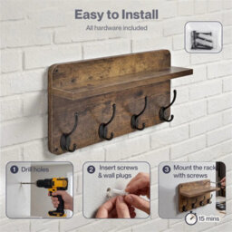 Wall Coat Rack 2 Pcs 8 Hooks Wall Mounted Heavy Duty Wooden Organiser - thumbnail 6