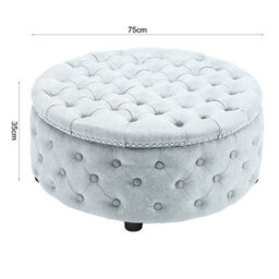 Living And Home Grey White Round Linen Deep Buttoned Ottoman With Studded Edge Dia 750 X H 350 mm - thumbnail 3