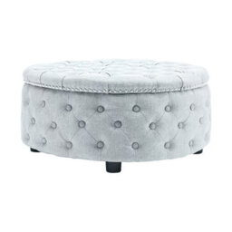 Living And Home Grey White Round Linen Deep Buttoned Ottoman With Studded Edge Dia 750 X H 350 mm - thumbnail 2