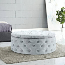 Living And Home Grey White Round Linen Deep Buttoned Ottoman With Studded Edge Dia 750 X H 350 mm