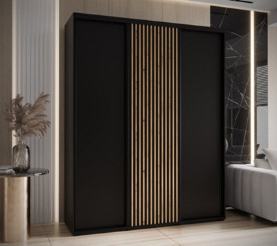 Arte Sapporo - Sleek Black Sliding Door Wardrobe With Shelves And Hanging Rails  (H)2050mm (W)2000mm (D)600mm - image 1