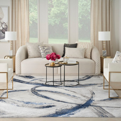 Grey Navy Blue Abstract Modern Living Room Bedroom & Dining Room Rug-274Cm X 366Cm