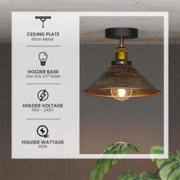 2 Pack Semi Flush Ceiling Light 22Cm Brushed Copper Cone Shade Metal E27 Industrial Lamp Bedroom Kitchen Hallway With Bulb - thumbnail 4