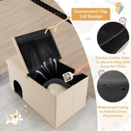 Costway 3-In-1 Cat Litter Box Enclosure Hidden Cat Washroom Ottoman Shoe Bench Flip-Up - thumbnail 8