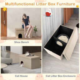 Costway 3-In-1 Cat Litter Box Enclosure Hidden Cat Washroom Ottoman Shoe Bench Flip-Up - thumbnail 5