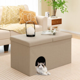 Costway 3-In-1 Cat Litter Box Enclosure Hidden Cat Washroom Ottoman Shoe Bench Flip-Up - thumbnail 3