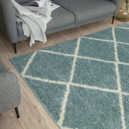 The Rugs Moroccan Shaggy Rugs And Runners Soft Fluffy Diamond Design High Pile Duck Egg Blue And Ivory Living Room Kitchen Hallway 550 - thumbnail 7
