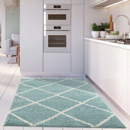 The Rugs Moroccan Shaggy Rugs And Runners Soft Fluffy Diamond Design High Pile Duck Egg Blue And Ivory Living Room Kitchen Hallway 550 - thumbnail 6