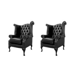 Chesterfield 2 X High Back Chairs Old English Black Leather Bespoke In Queen Anne Style - thumbnail 1