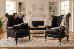 Chesterfield 2 X High Back Chairs Old English Black Leather Bespoke In Queen Anne Style - thumbnail 2