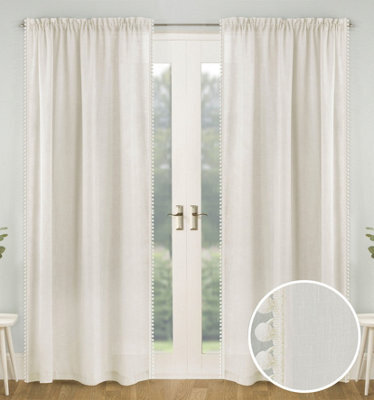 Tyrone Textiles Pair Of Tahiti Cream Pom-Pom Trim Linen Look Voile Panels With Rod Pocket Header 122 Cms - image 1