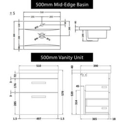 Royal Bathrooms Turin 500mm Matt Black Wall Hung Vanity Unit 2 Drawer With Mid-Edge Basin - thumbnail 8