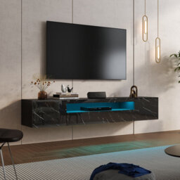 Keepreaper Sleek Black Marble Finish Floating Tv Stand With Led Light For 55-80 Inch Tvs And Storage Cabinet Tv Unit