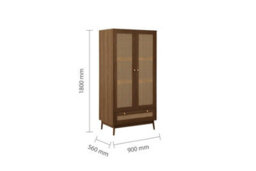 Walnut 2 Door Wardrobe Rattan 1 Drawer Birlea Croxley Mid Century Modern - thumbnail 6
