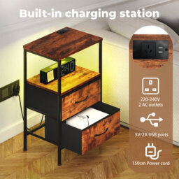 Levede Led Bedside Table 2 Drawers Usb Ports Sofa End Table In Brown Black - thumbnail 5
