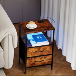 Levede Led Bedside Table 2 Drawers Usb Ports Sofa End Table In Brown Black - thumbnail 1