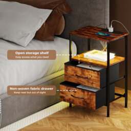 Levede Led Bedside Table 2 Drawers Usb Ports Sofa End Table In Brown Black - thumbnail 7