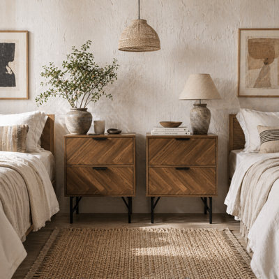 Wyld Haus Vira Set Of 2 Walnut Brown Bedside Tables With Chevron Herringbone Pattern And Black Metal Legs - image 1