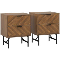 Wyld Haus Vira Set Of 2 Walnut Brown Bedside Tables With Chevron Herringbone Pattern And Black Metal Legs - thumbnail 2