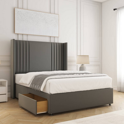 Bsspoke Cheshire Divan Bed Grey Plush Velvet 54Inch Wingedback Panel Headboard 2 Drawers Footend & Mattress In All Sizes - image 1