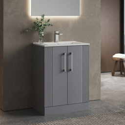 Balterley Belvide Partial Fluted 2 Door Floor Standing Vanity Unit With 1 Tap Hole Minimalist Basin - 600mm - Satin Grey - thumbnail 6