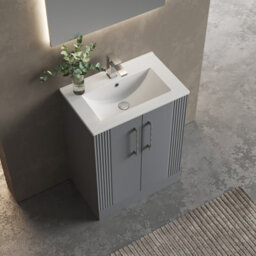 Balterley Belvide Partial Fluted 2 Door Floor Standing Vanity Unit With 1 Tap Hole Minimalist Basin - 600mm - Satin Grey - thumbnail 5