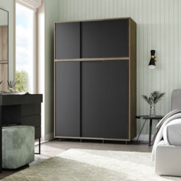 Urbn-Living Urbnliving 6 Sliding Doors Wardrobe Bedroom Storage Closet Clothes Hanging Rail Cupboard, Oak Carcass With Black Door