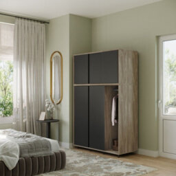 Urbn-Living Urbnliving 6 Sliding Doors Wardrobe Bedroom Storage Closet Clothes Hanging Rail Cupboard, Oak Carcass With Black Door - thumbnail 2