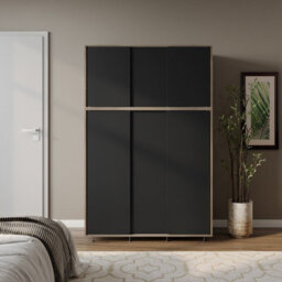 Urbn-Living Urbnliving 6 Sliding Doors Wardrobe Bedroom Storage Closet Clothes Hanging Rail Cupboard, Oak Carcass With Black Door - thumbnail 3