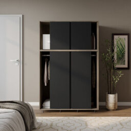 Urbn-Living Urbnliving 6 Sliding Doors Wardrobe Bedroom Storage Closet Clothes Hanging Rail Cupboard, Oak Carcass With Black Door - thumbnail 4