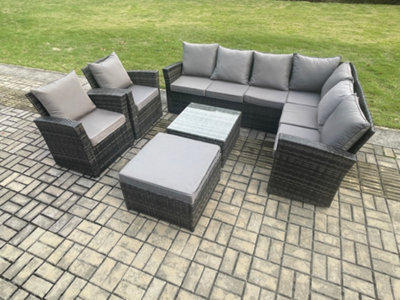 Fimous 9 Seat Rattan Garden Furniture Corner Sofa Set Outdoor Patio Sofa Table Set With Big Footstool 2 Armchairs Dark Grey Mixed - image 1