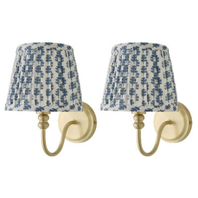 Valuelights Binky Pair Of Gold Rechargeable Wall Lights With Blue Floral Shade - image 1