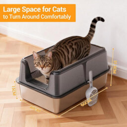 London Boutique Black Stainless Steel Cat Litter Tray With Lid And Scoop, Hooded High Sided Enclosed Cat Toilet, 60X40X31.5Cm - thumbnail 2