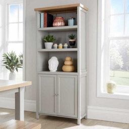 Home Source Avon 3 Shelves With 2 Door Cupboard 36mm Thick Top Bookcase Display Storage Unit Grey