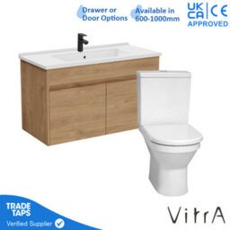 Vitra 1000mm Wall Hung Bathroom Vanity Unit With 2 Doors Includes Basin, Black Tap And Close Coupled Toilet Set - Golden Oak