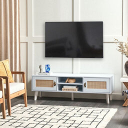 Beliani Vintage Tv Stand, White Beige, Faux Rattan Fronts, W140 X D39 X H45Cm - thumbnail 2