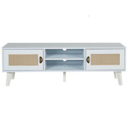 Beliani Vintage Tv Stand, White Beige, Faux Rattan Fronts, W140 X D39 X H45Cm - thumbnail 1