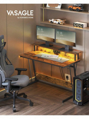 Songmics Vasagle Gaming Desk With Led Lights And Built-In Power Outlets, Computer Desk With Monitor Shelf, Gaming Table For 2 Monitors - image 1